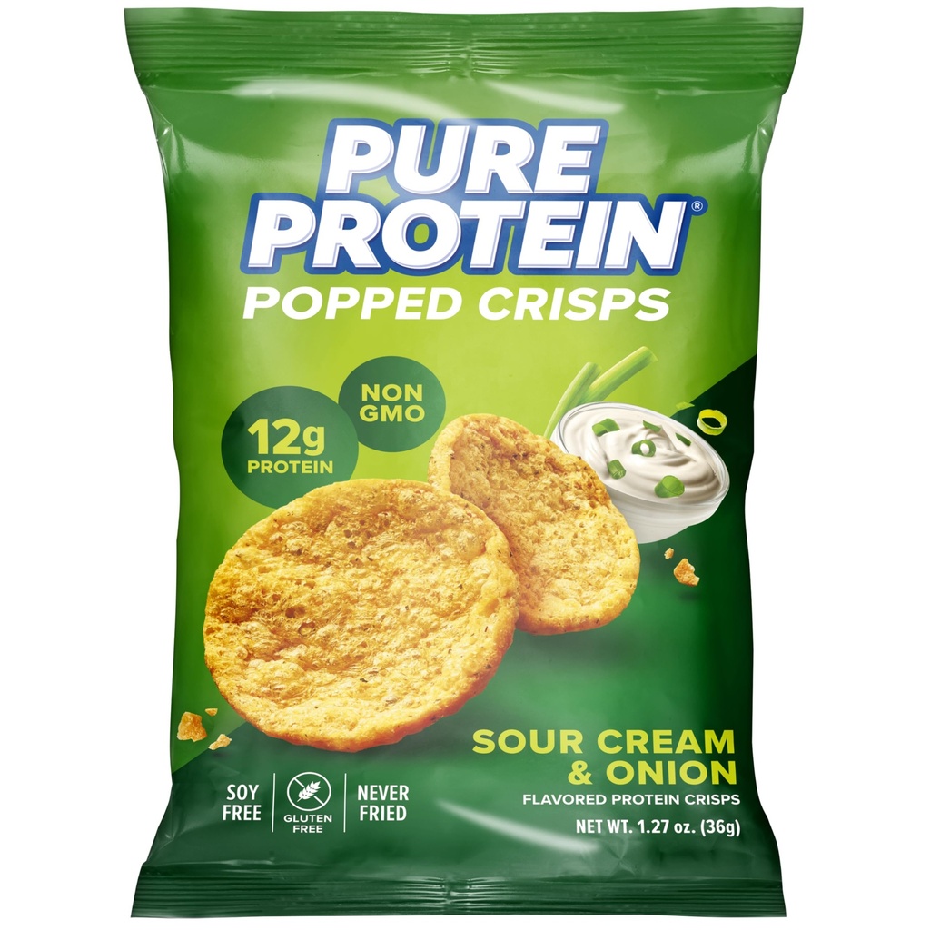 Pure Protein Sour Cream & Onion Popped Crisps - 12g Plant Based Protein, Gluten Free, Non GMO, Vegan, Air Popped & Puffed Crisps – Healthy Protein Snacks – 12 Pack