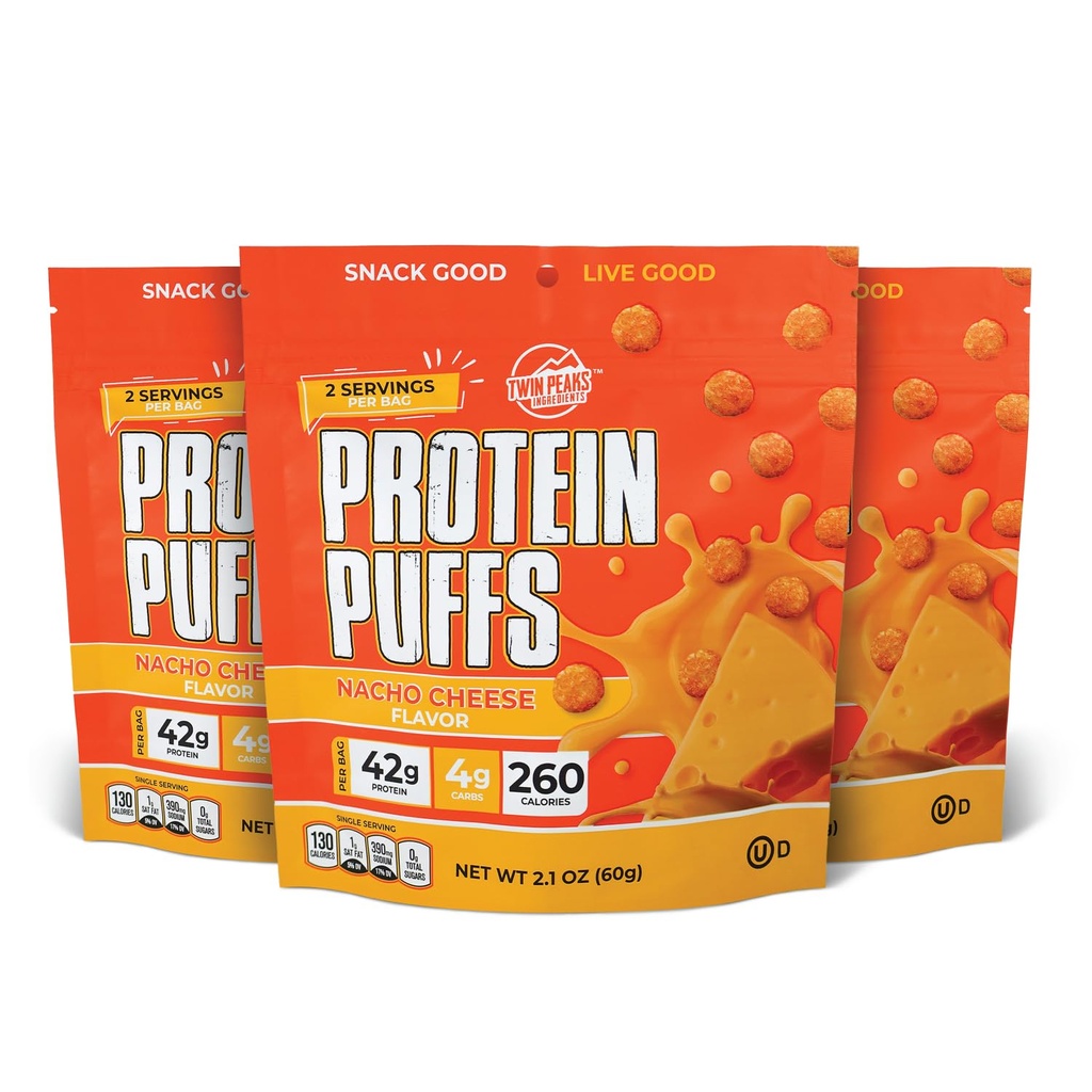 Twin Peaks Low Carb, Keto Friendly Protein Puffs, (Nacho Cheese), 2 Servings, 3 Pack (60g, 42g Protein, 4g Carbs)