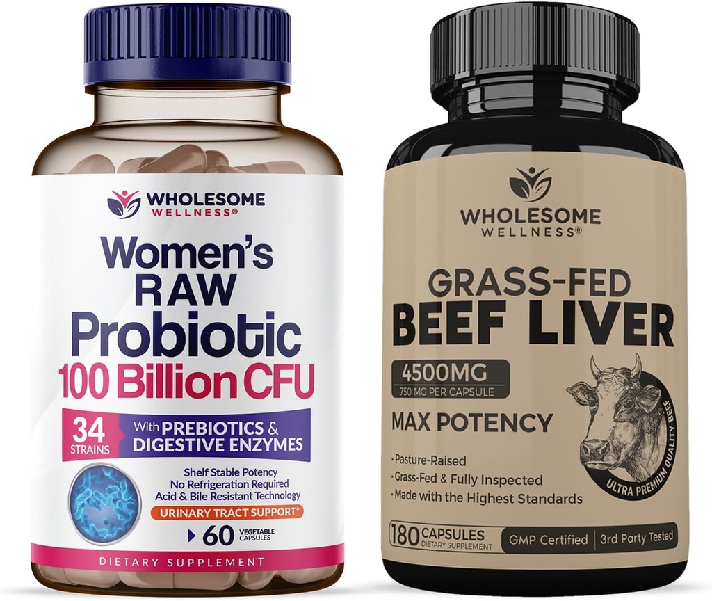 Prebiyotiks ile 100 Milyar CFU'lar için tüm miktar Wellness Probiyotikleri, Digestive Enzymes + Grass Fed Desiccated Beef Liver Capsules