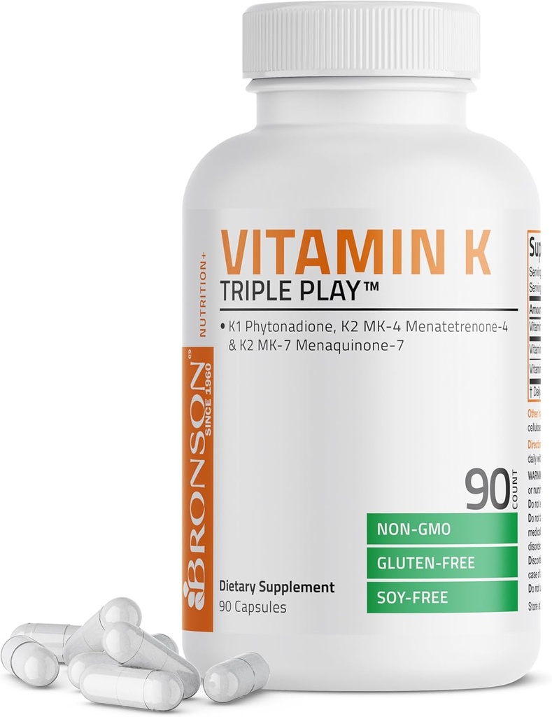 Bronson Vitamin K Triple Play (Vitamin K2 MK7 / Vitamin K2 MK4 / Vitamin K1) Full Spectrum Kompleks Vitamin K Supplement, 90 Capsules