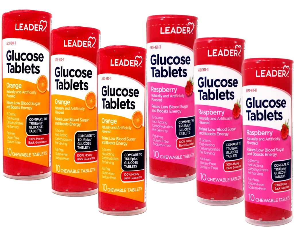 Leader Glucose Tablets, Fast Acting, On-The-Go, Raspberry and Orange Flavor, 6 x 10-Count Tubes