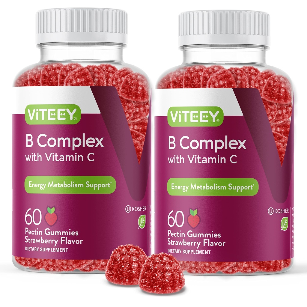 Vitamin C ile B Kompleks Gummies - Enerji, Metabolism & Immune Desteği - B6, B12, Niacin, Folic Asit, Biotin, Kalsiyum - Vegan, Gluten-Free - 120 Count
