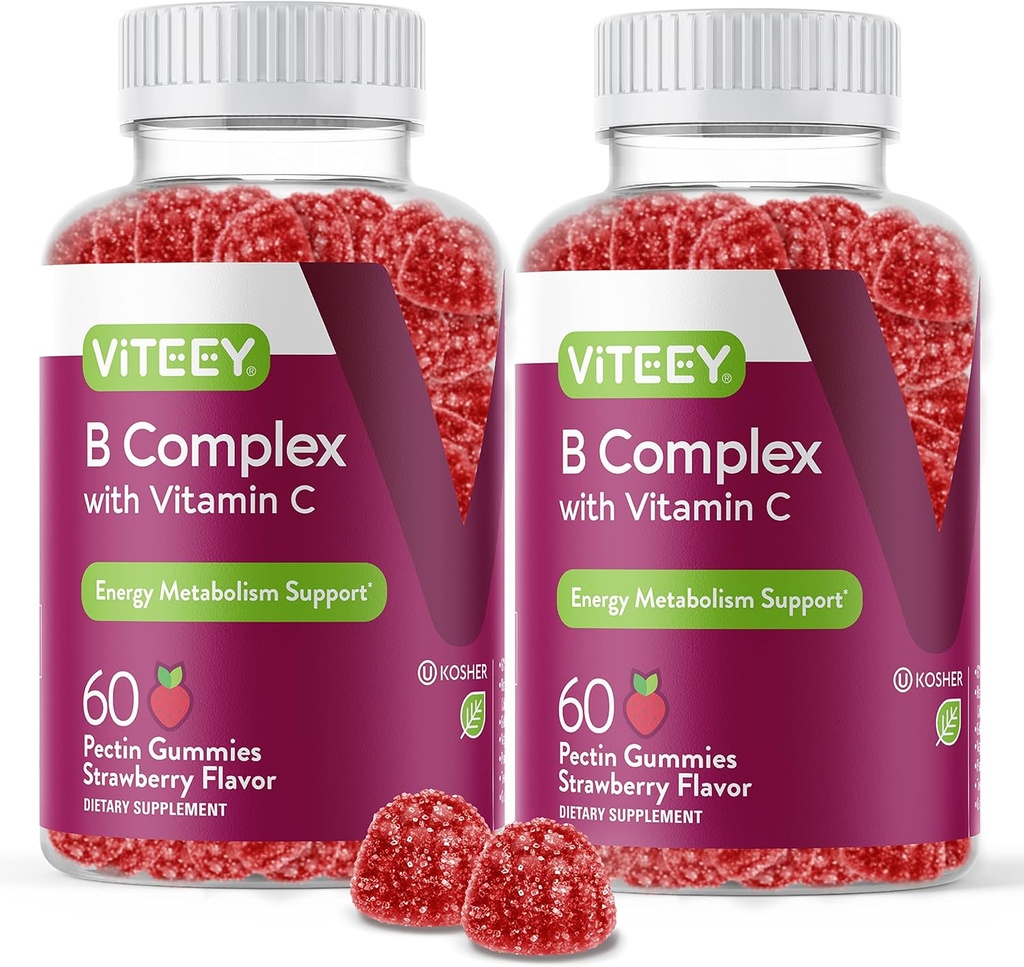Vitamin C ile B Kompleks Gummies - Enerji, Metabolism & Immune Desteği - B6, B12, Niacin, Folic Asit, Biotin, Kalsiyum - Vegan, Gluten-Free - 120 Count