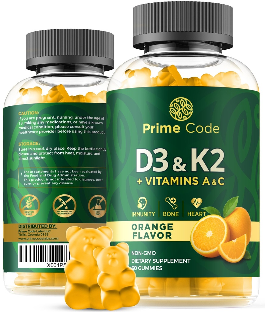 Prime Code Vitamin D3 K2 Gummies with Vitamins A & C | Bone, Heart & Immune Support | High Absorption | Clean Formula | Non-GMO, Gluten-Free