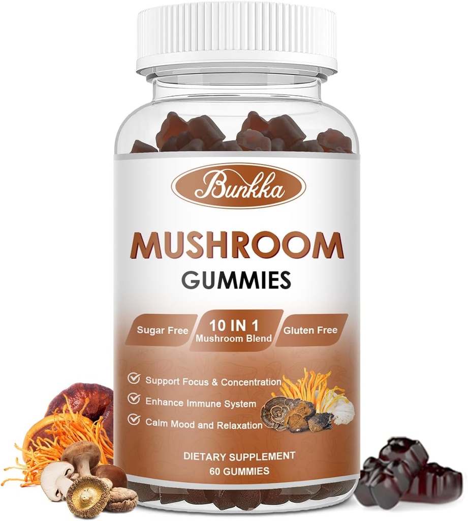 Organic Mushroom Gummies 10 Blend - Mushroom Complex - Immune Support, Energy - Mushroom Supplement for Men & Women, 60 Gummies