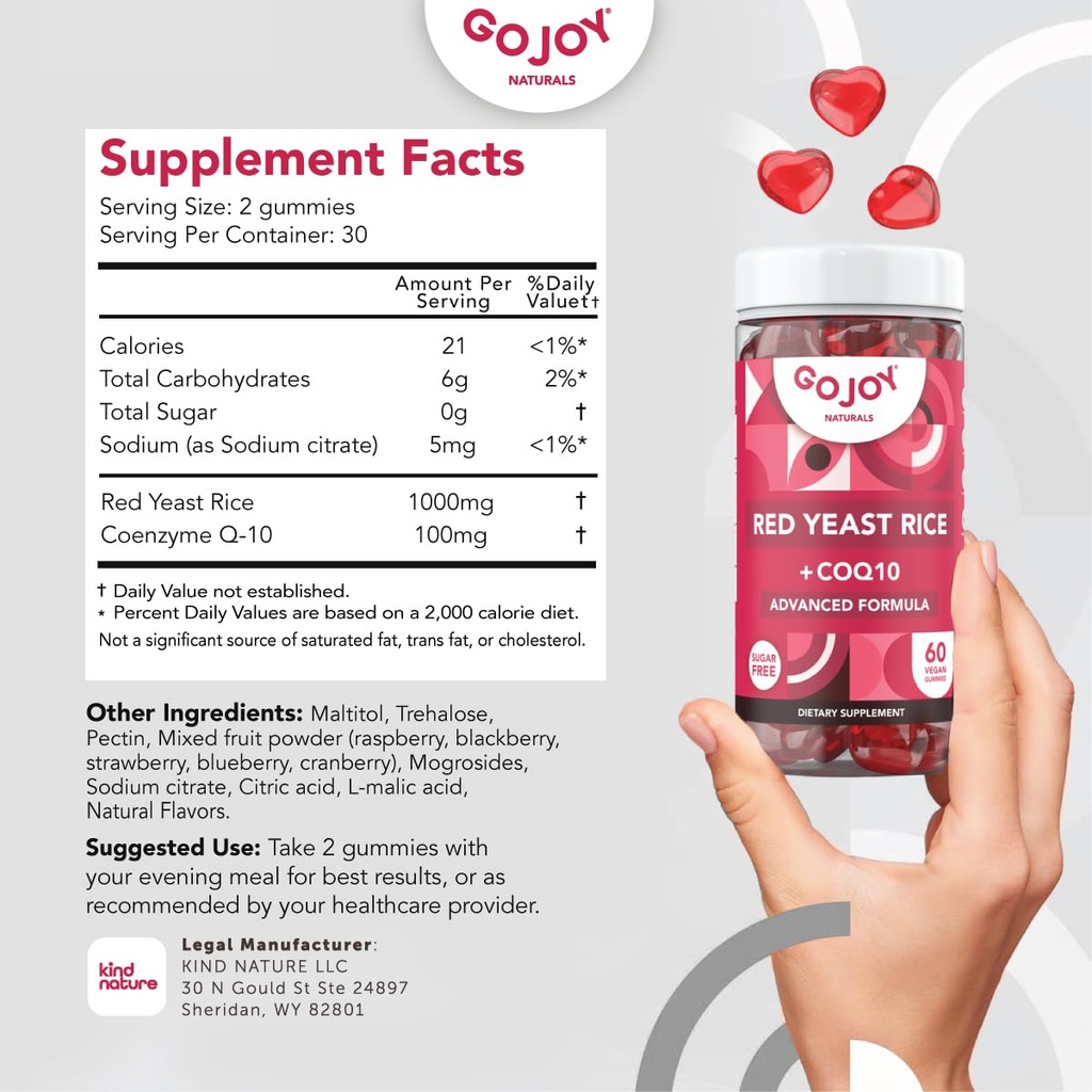 Ζάχαρη-ελεύθερο κόκκινο ρύζι ζύμης με CoQ10 Gummies - συμπληρώματα χοληστερόλης με κόκκινο ρύζι Yaster 1000 mg. - Cholesterol Gummies Complex - Vegan, μη-GMO, χωρίς γλουτένη & Citrinin-free συμπλήρωμα