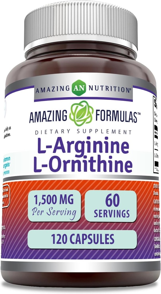 Amazing Formulas L-Arginine/L-Ornithine 1500 Mg Per Servis, Capsules | Non-GMO | Gluten Free | Amino Asit Supplement (120) Count