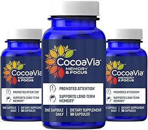 CocoaVia Memory & Focus Brain Supplement, 90 Ημέρα, Cocoa Flavanol Blend, Lutein, Προστέθηκε καφεΐνη για Boost. Βελτίωση Γνωστική λειτουργία, Προσοχή, Vegan & Plant Based, 90 κάψουλες