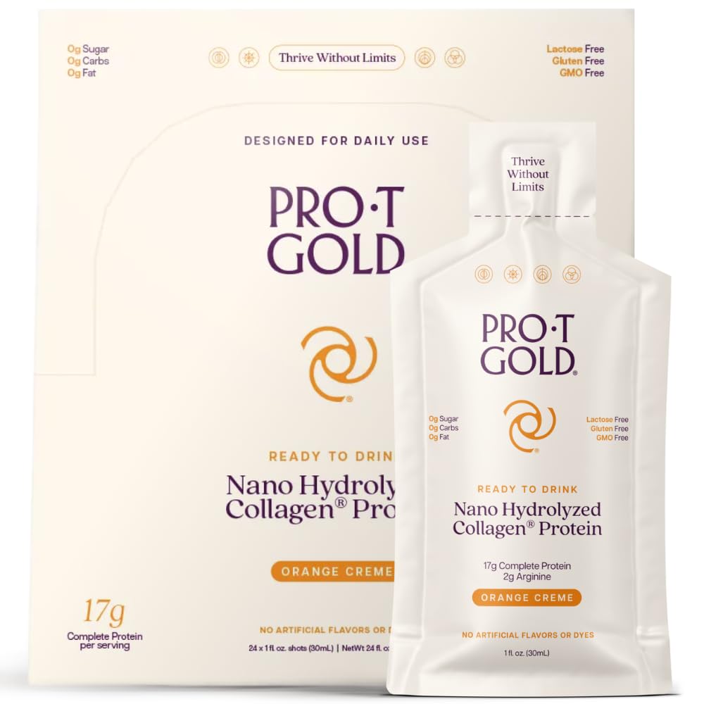 ProT Gold Liquid Collagen Protein Shot, 17g Clear protein Nano-Hydrolyzed Grass Fed Collagen, 2g Arginine for Yara Desteği, Gluten Free, Sugar Free, 0g Carbs, Orange Creme, 1 fl oz, 24 Pack