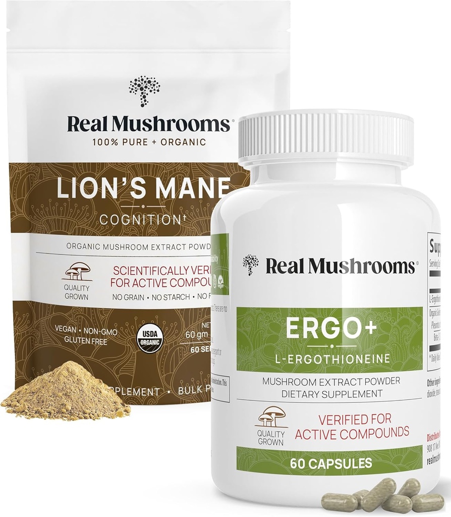 Real Mushrooms Ergothioneine (60ct) ve Lion's Mane Organic Toz (60 Hizmet) Sche with Shiitake and Oyster Mushroom Extracts - Longevity and Cognition - Vegan, Gluten Free, Non-GMO