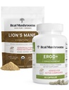 Real Mushrooms Ergothioneine (60ct) ve Lion's Mane Organic Toz (60 Hizmet) Sche with Shiitake and Oyster Mushroom Extracts - Longevity and Cognition - Vegan, Gluten Free, Non-GMO