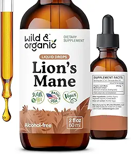 Wild & Organic Lions Mane Liquid Drops - Focus & Brain Support - Lions Mane Supplement - Hericium Erinaceus Mushroom Extract Βάμμα - Vegan, Αλκοόλ & Ζάχαρη-Free - 2 fl oz