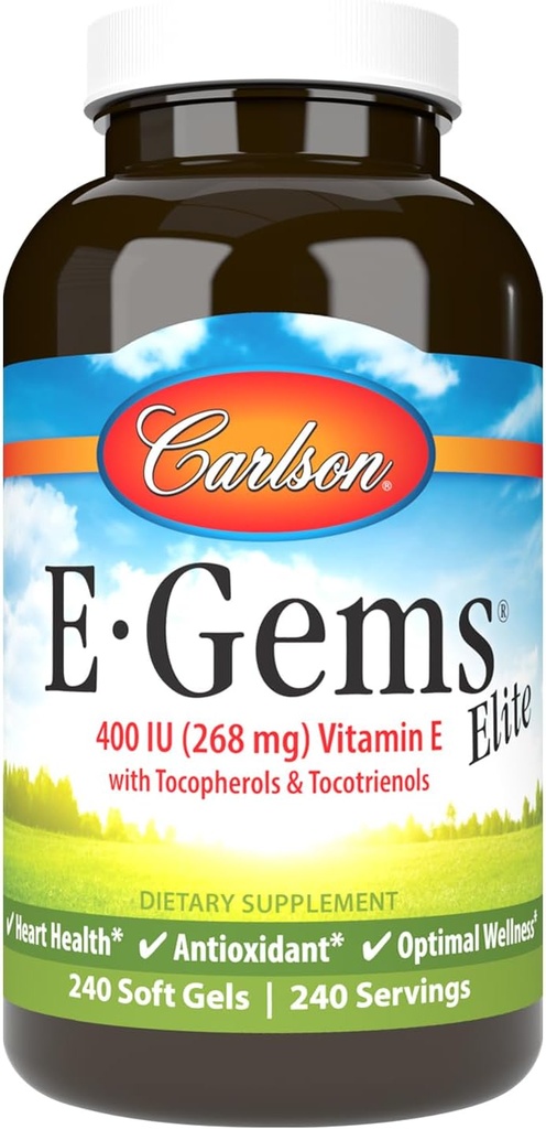 Carlson - E-Gems Elite, 400 IU Βιταμίνης Ε με τοκοφερόλες & τοκοτριενόλες, Βιταμίνες E κάψουλες, Υγεία της Καρδιάς & Βέλτιστη ευεξία, Αντιοξειδωτικό, Συμπλήρωμα Βιταμίνης Ε, 240 Softgels