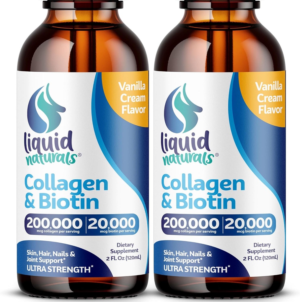 Υγρό Κολλαγόνο και Βιοτίνη, 2 Fl. Oz, Ultra-Stength Συμπληρώματα Κολλαγόνου για τις γυναίκες, Keto Φιλική Βιοτίνη για την ανάπτυξη των μαλλιών γυναίκες, νύχια, & Βιταμίνες δέρματος B7 Collageno Peptides – Vanilla Flavor - 2 Pack