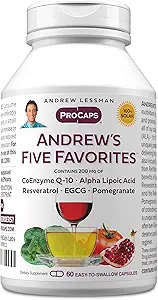 ANDREW LESSMAN Andrew's Five Favorites 60 Capsules - Her bir Coenzyme Q-10, Resveratrol, EGCG, Pomegranate ve Alfa Lipoic Asit, Güçlü Anti-Oxidant Desteği, Hiçbir Katkı