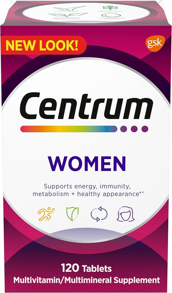 Kadınlar için Centrum Multivitamin, Demir, Vitamin D3, B Vitaminleri ve Antioksit Vitaminleri C ve E, Gluten Free, Non-GMO Malzemeler - 120