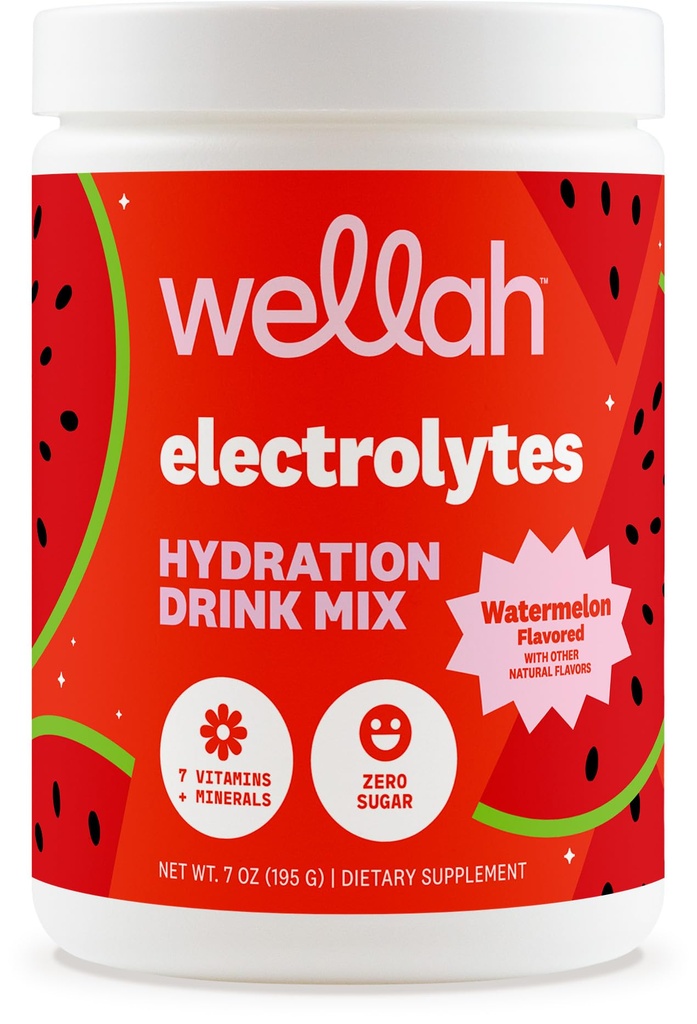 Wellah Electrolytes Powder (Watermelon) 50 Servings - Hydration Drink Mix, 7 Vitamins & Minerals, Zero Sugar