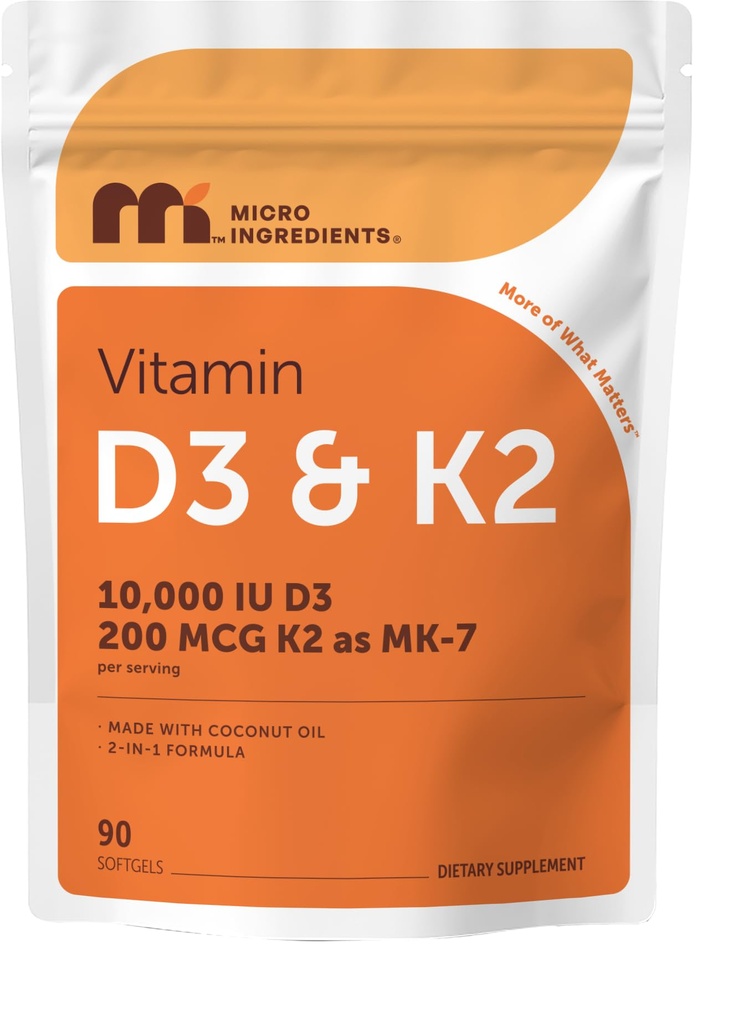 Micro Ingredients Vitamin D3 10,000 IU + K2 MK-7 200 mcg Per Serving, 90 Softgels | Extra Strength* 2-in-1 D3 K2 Supplement | Easy-to-Swallow Softgels Made with Coconut Oil | Non-GMO, Gluten Free