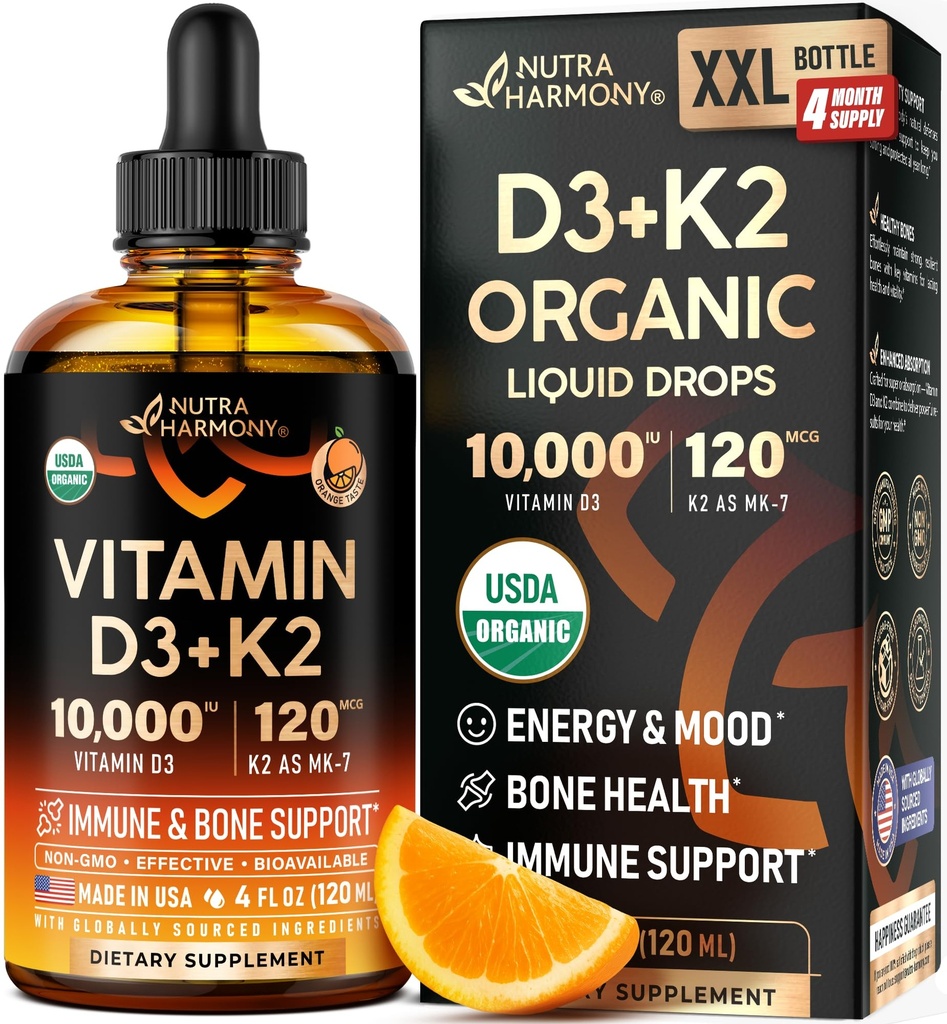 Vitamin D3 K2 USDA Organic Drops - Vitamin D3 10000 IU & K2 as MK-7 120mcg - Immune & Mood Support, Bone & Teeth Health - Sugar-Free, Orange Flavor - Liquid Supplement - 4 FL OZ, 120 Day Supply