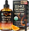 Vitamin D3 K2 USDA Organic Drops - Vitamin D3 10000 IU & K2 as MK-7 120mcg - Immune & Mood Support, Bone & Teeth Health - Sugar-Free, Orange Flavor - Liquid Supplement - 4 FL OZ, 120 Day Supply
