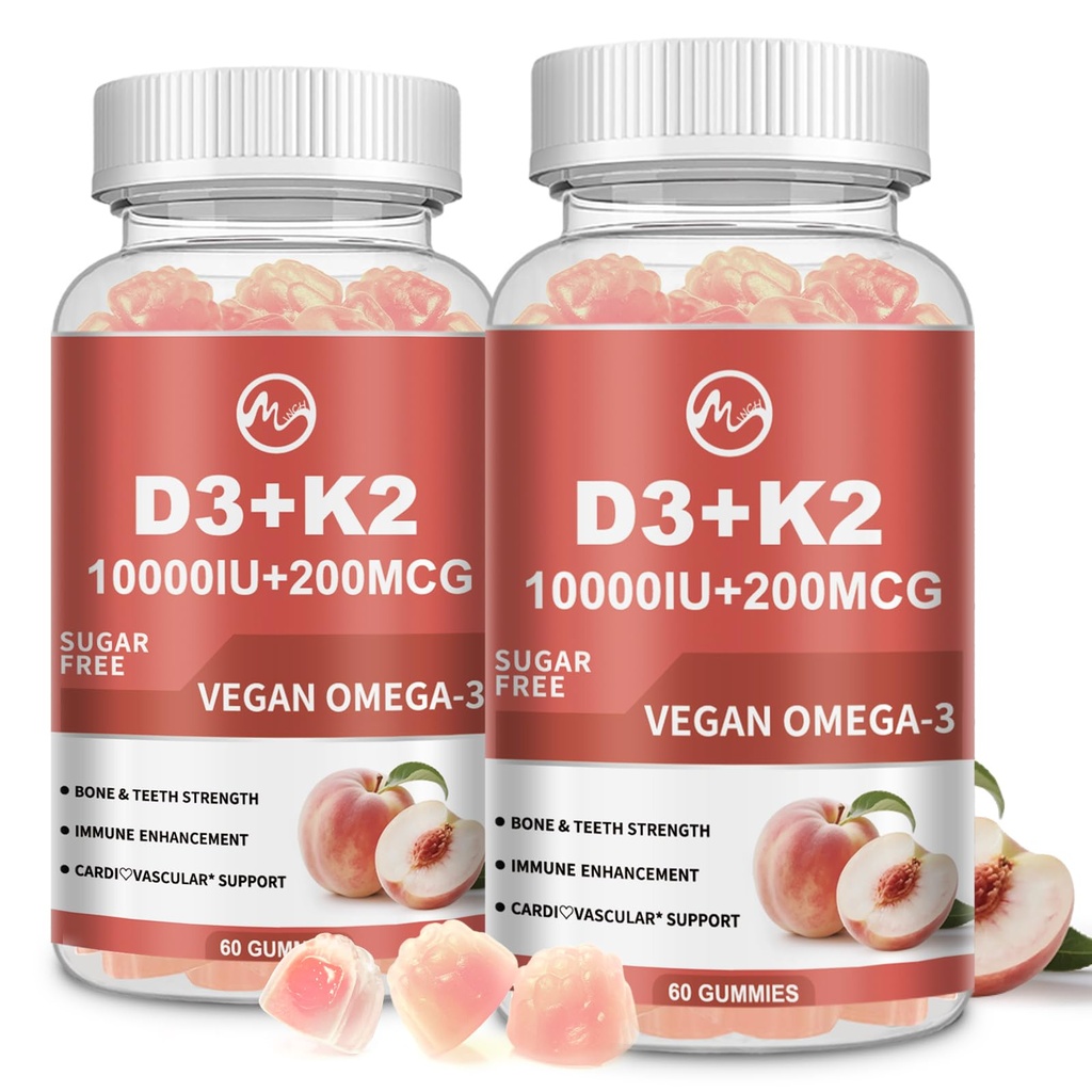 M inch Vitamin D3 K2 Gummies, Vitamin D3 10000IU, K2 (MK-7) 200mcg, 6-in-1 Vitamina D3 Con K2 Supplement with Omega-3, Magnesium and Calcium for Bones, Teeth & Immune Support, Sugar Free, 2 Packs