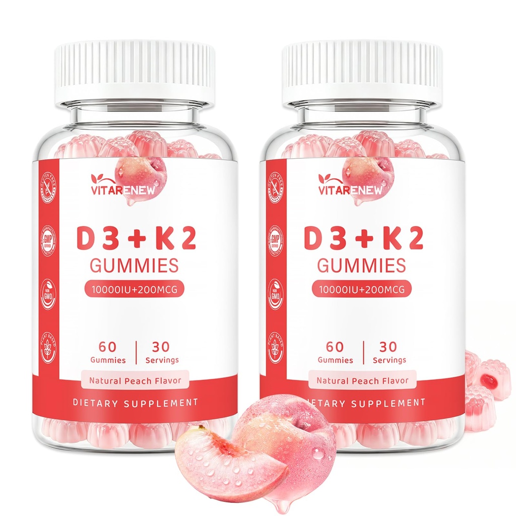 Vitamin D3 & K2 Gummies (2-Pack, 120 Count), Vitamin D3 10000IU, K2 (MK-7) 200mcg, with Zinc, Plant-Sourced K2 from Chickpea – Supports Bone, Heart & Immune Health,Non-GMO, Gluten-Free, Peach Flavor