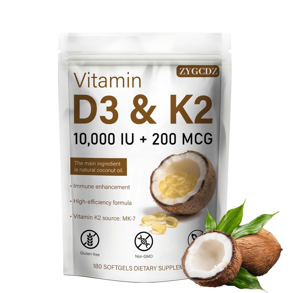 Vitamin D3 10000 IU with K2 MK-7 200 mcg Softgels, 180 Count | Supports Bone, Heart & Immune Health | Enhanced Absorption with Organic Coconut Oil, Non-GMO, Easy to Swallow Supplement (01)