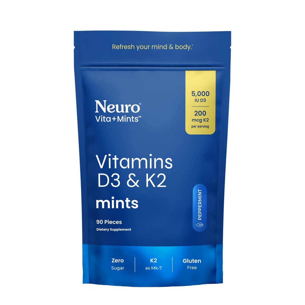 Neuro Vitamin D3 K2 Supplement - Sugar Free Mints with 5000 IU Vitamin D3 + 200mcg K2 MK-7 - Immune Support Supplement to Improve Mood & Bone Health - Gluten & Aspartame Free - Peppermint, 90 ct