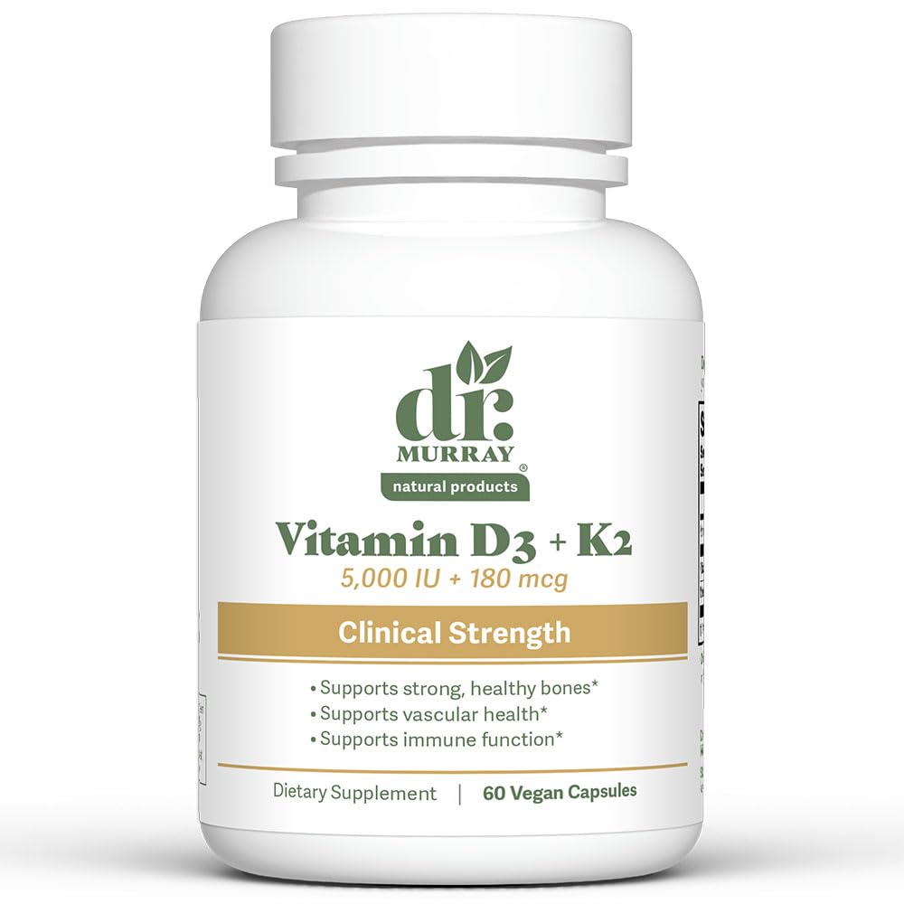 Dr. Murray's Vitamin D3-K2 Supplement with Coconut Oil MCTs -5,000 IU-Gluten Free - Non-GMO- Vegan Capsules | Third-Party Tested | GMP Certified | 60 Count