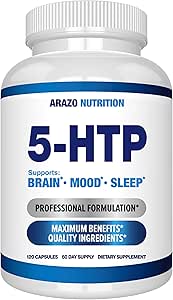 5-HTP 200 MG Plus Calcium for Mood, Sleep – Supports Calm and Relaxed Mood – 99% High Purity – 120 Capsules – Arazo Nutrition