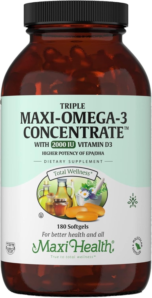 Omega 3 Supplement - Omega-3 Balık Yağı D3 Vitaminiyle Üçel Sulu - EPA/DHA Fatty Asits - Kalp, Beyin, Ortak Sağlık - Kosher sertifikalı Vahşi Caught Marine Fish - 180 Softgels