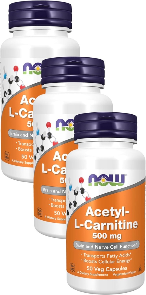 NOW Συμπληρώματα, Acetyl-L Καρνιτίνη 500 mg, Amino Acid, Brain and Nerve Cell Function*, 50 Veg Capsules (Pack of 3)
