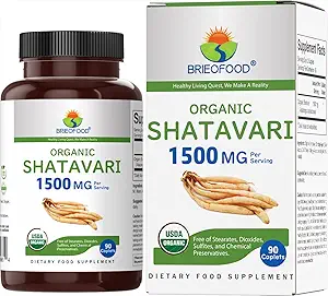 Brieofood Organic Shatavari 1500 mg, 45 Hizmet, Vegetarian, Gluten Free, 90 Vegetarian Tablets