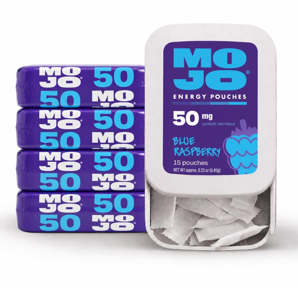 MOJO Energy 50mg Caffeine Pouches, Blue Raspberry, 15 Pouches, 5-Pack