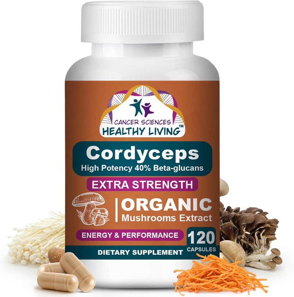 Cancer Sciences Cordyceps Mushroom Supplement Κάψουλες - 1.500mg Βιολογικό Mushroom Complex για την ευεξία, υψηλή ισχύς 40% Beta-Glucans, ανοσοποιητικό συμπλήρωμα υποστήριξης για την ενέργεια & Stamina Booster, 120 Count