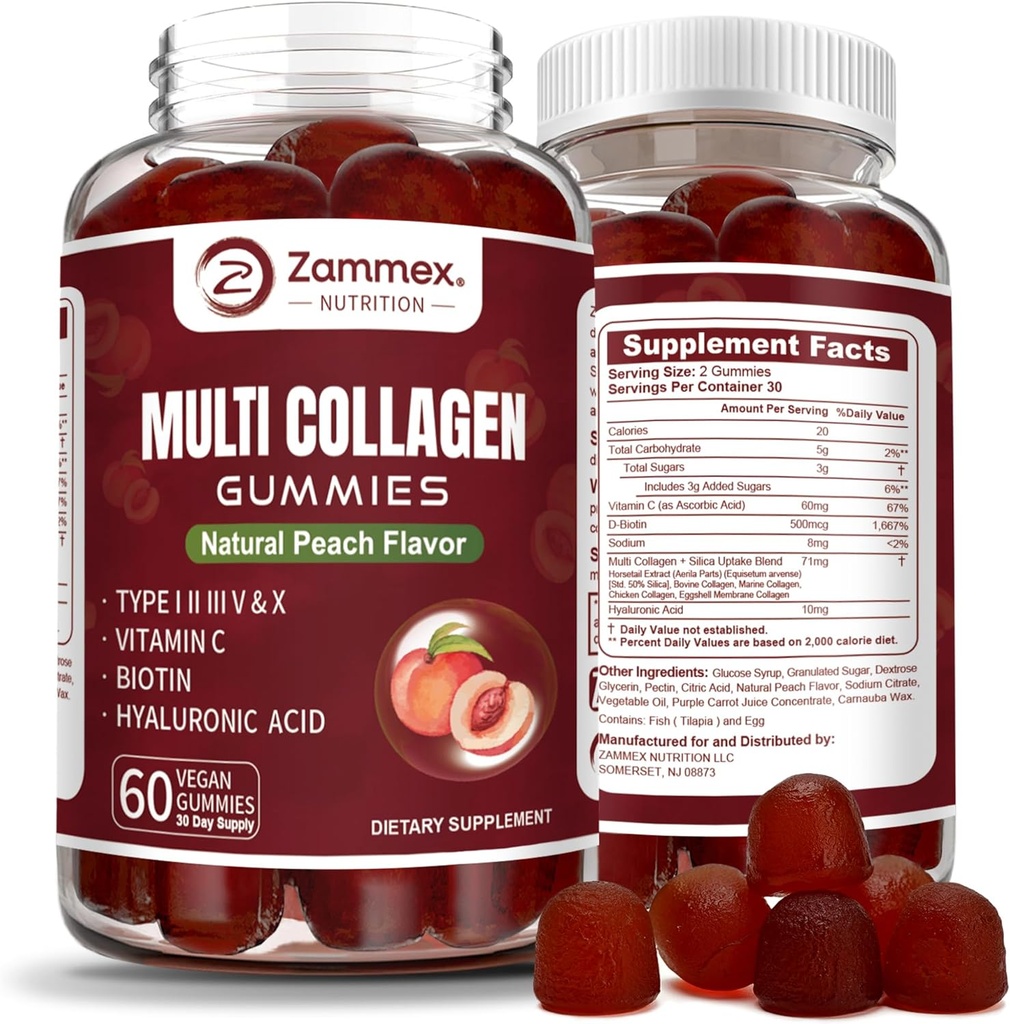 Zammex Multi Collagen Peptides Gummies (Τύπος 1, 2, 3, 5 & 10), 30 Servings, Αντιγηραντική Κολλαγόνο Gummy Συμπληρώματα για Γυναίκες & Άντρες με Βιοτίνη Βιταμίνη C, Υαλουρονικό Οξύ, Ροδάκινο Γεύση