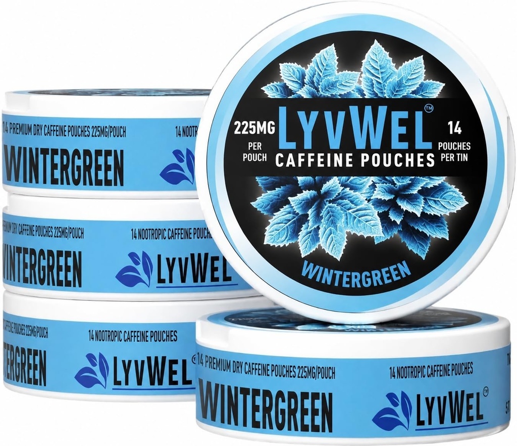 LyvWel 225mg Caffeine Pouches, Guarana-Powered Energy Pouches, Nootropic Pouches, Nicotine Free Pouches & Tobacco-Free, Wintergreen- 5-Pack, 70 Pouches