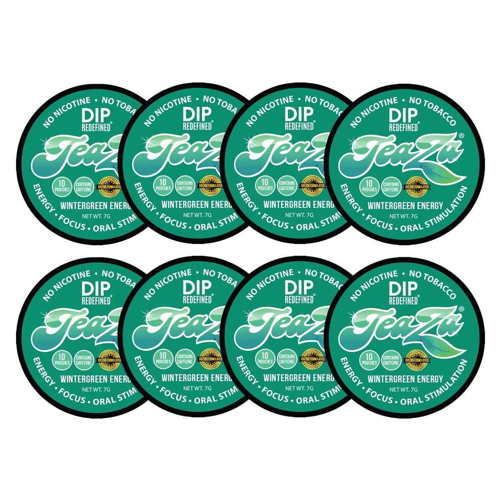 TeaZa Herbal Energy Pouches Wintergreen with Caffeine, Smokeless Alternative Pucks Nicotine Free and Tobacco Free Herbal Snuff, Great Tasting & Refreshing Tobacco Alternative (8 Pack)