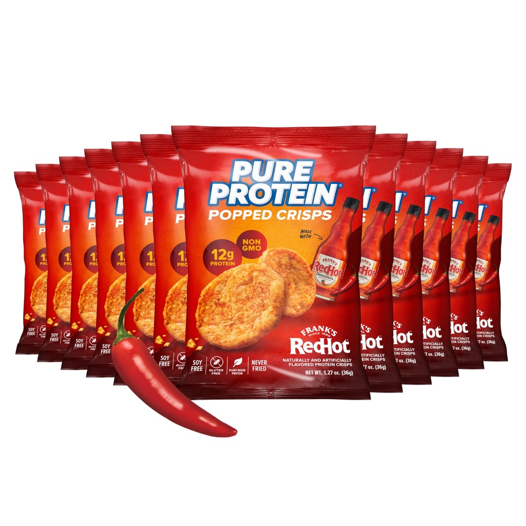 Pure Protein Frank’s Red Hot™ Popped Crisps – Spicy Protein Snack – 12g Plant Based Protein, Gluten Free, Non GMO, Vegan, Air Popped & Puffed Crisps – Healthy Protein Snacks – 12 Pack