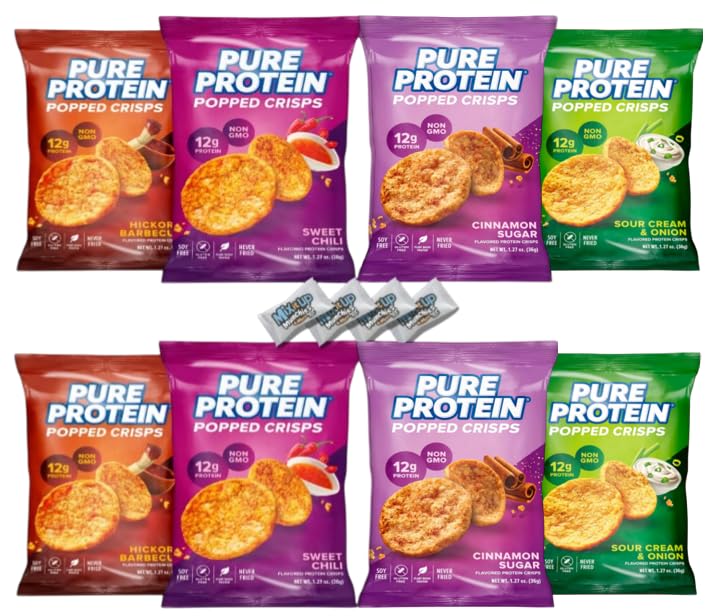 Pure Protein Popped Crisps – 8-Pack Protein Chips Variety Pack 4 Flavors with 12g Protein + 4 MIMM Mints | Gluten Free Healthy Snacks for Adults | Bundled by Mix It Up Munchies | Healthy Gift Box