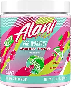 Alani Nu Pre Workout Powder Cherry Twist, Amino Energy Boost, συμπλήρωμα αντοχής, χωρίς ζάχαρη, 200mg καφεΐνη, L-Θεανίνη, Beta-Alanine, L-Citrulline, 30 υπηρεσίες