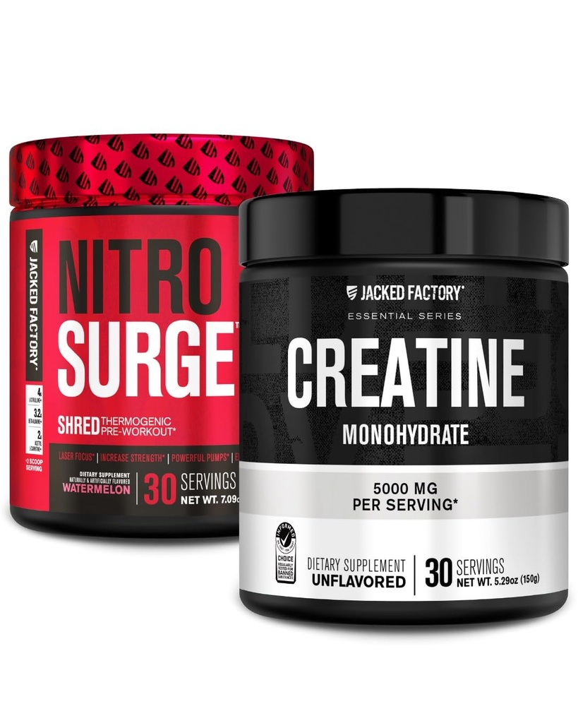 Jacked Factory NITROSURGE Sed Pre Workout Supplement (Watermelon, 30 Hizmet) & Kretine Monohidrat Toz (Unflavored, 30 Hizmet)