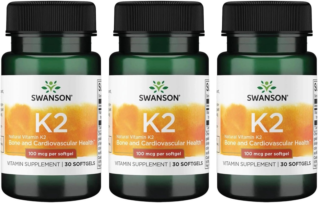 Swanson Βιταμίνη K2 (Menaquinone-7) - Συμπλήρωμα Βιταμίνης Υποστήριξη Καρδιαγγειακής και Οστικής Υγείας - Κατασκευασμένο από ιαπωνικό Natto για να βοηθήσει να Ρυθμίσει το Ασβέστιο - (30 Softgels, 100mcg Κάθε) (3 Pack)