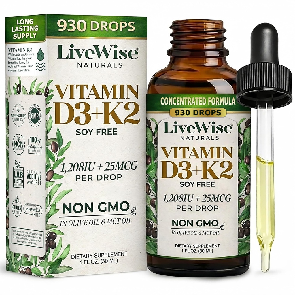 K2 Liquid Drops ile D3 Vitamini, All Natural, Non-GMO, 1208iu D3 ve 25mcg K2 (mk7) hizmet başına, Bones'a destek, Immune System and Energy Levels, with or without Peppermint Oil