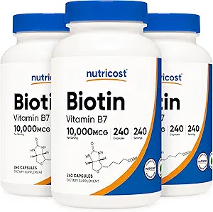 Nutricost Biotin (Vitamin B7) 10.00006, 240 Caps (3 Şişe) - Non-GMO, Gluten Free