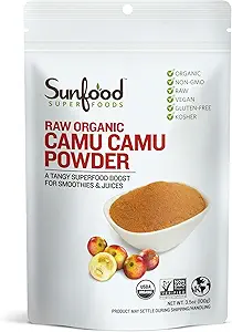 Sunfood Superfoods Ακατέργαστη Βιολογική Camu Camu σε σκόνη - Camu Camu σε σκόνη, Camu Camu σε σκόνη Berry βιταμίνης C για χυμούς και smoothies, USDA οργανική, μη ΓΤΟ - 3.5 oz τσάντα