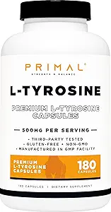 Primal L-Tyrosine Capsules (180 Capsules / 500 mg Per Service) | Tyrosine Amino Asit Supplement