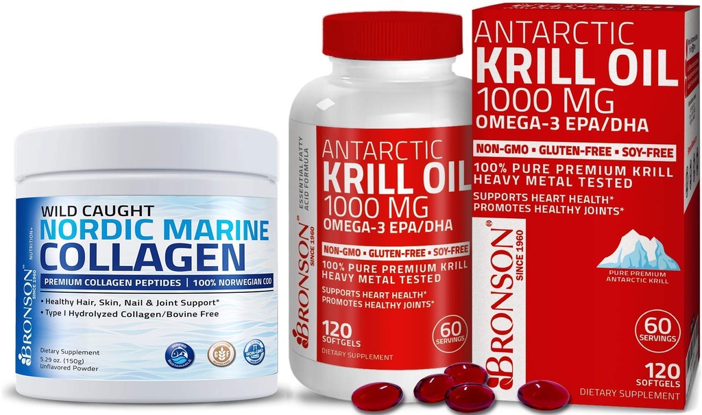 Bronson Marine Collagen Peptides Hydrolyzed Protein Powder + Ανταρκτική Krill Oil 1000 mg με Omega-3s EPA DHA