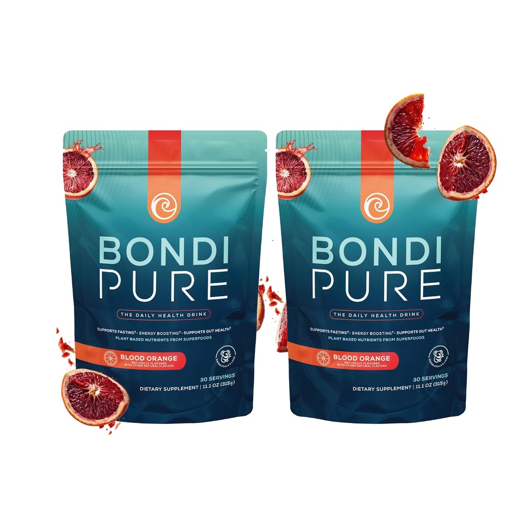 Bondi Pure - Daily Health & Detox Drink - Promote Gut Health & Energy Support During a Cleanse or Intermittent Fasting - Plant-Based Fibers, Alkalizing Super Greens - Blood Orange (2-Pack)