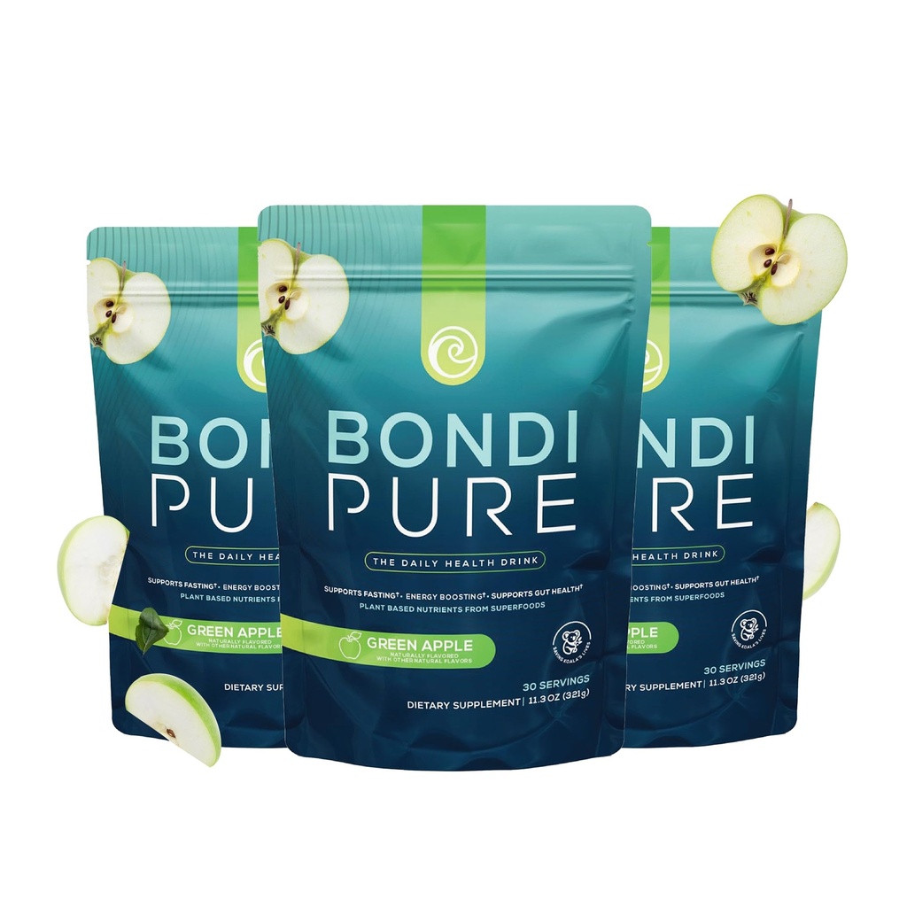 Bondi Pure - Daily Health & Detox Drink - Promote Gut Health & Energy Support During a Cleanse or Intermittent Fasting - Plant-Based Fibers, Alkalizing Super Greens - Green Apple (3-Pack)